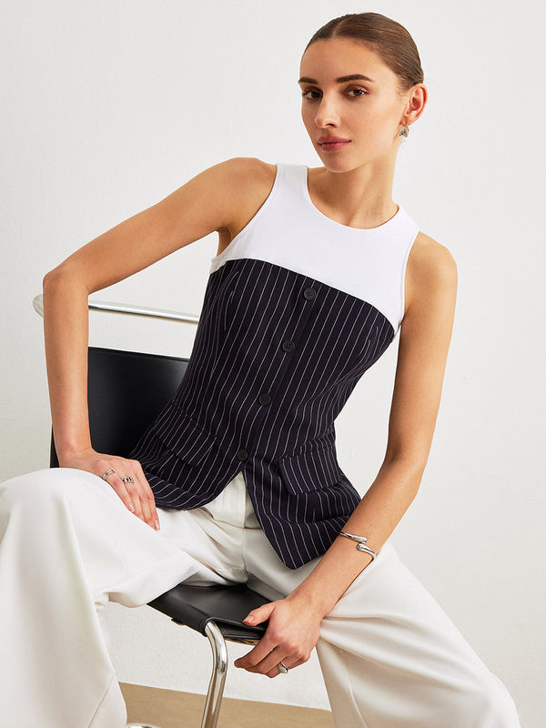 Pinstripe Button Detail Top With Decor Pockets