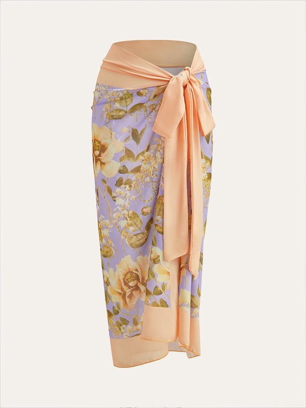 Floral Print Panel Tie-Waist Mesh Cover-Up