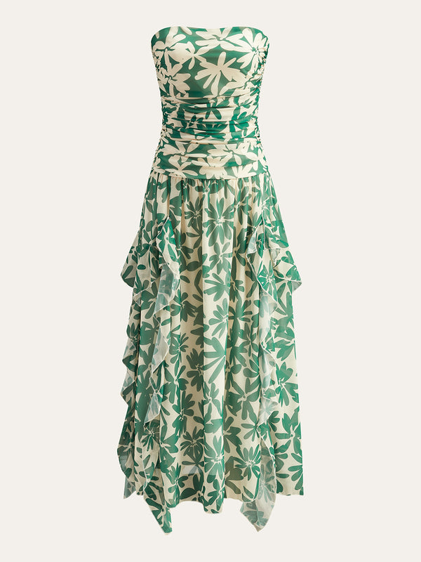 Floral Print Strapless Dress With Ruffled Detail