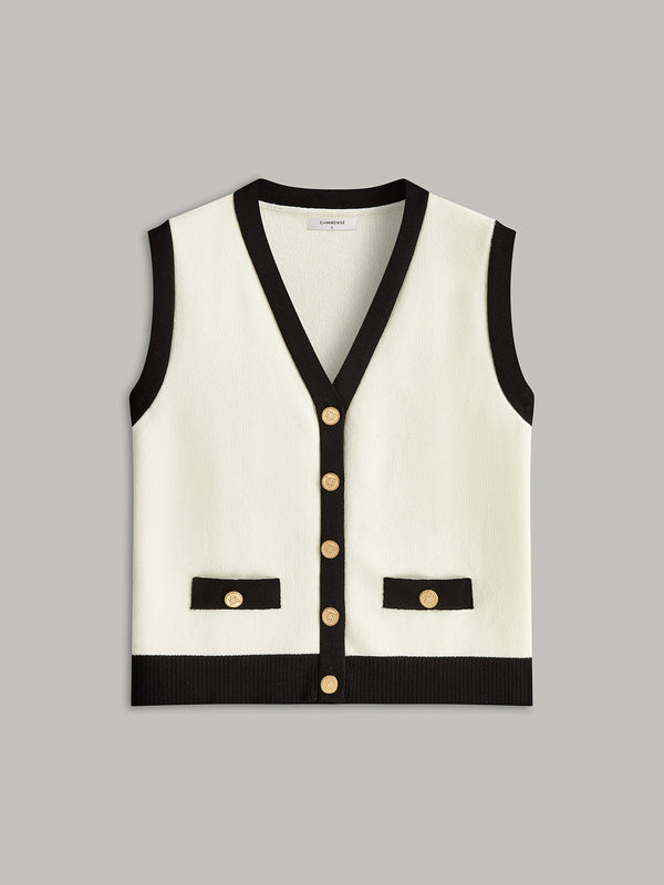 Contrast Trim Metal Button Decor Pocket Sweater Vest