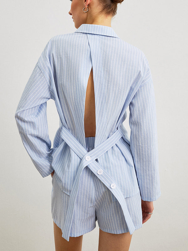 Cotton Striped Back Tie Shirt Shorts Set