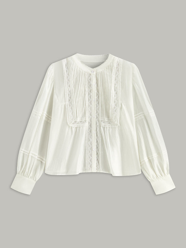 Pleated Lace Trim Button-Up Blouse
