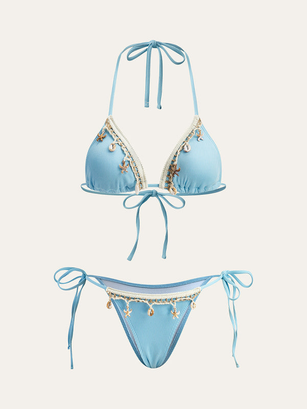 Shell Charm Trim Tie Bikini Set