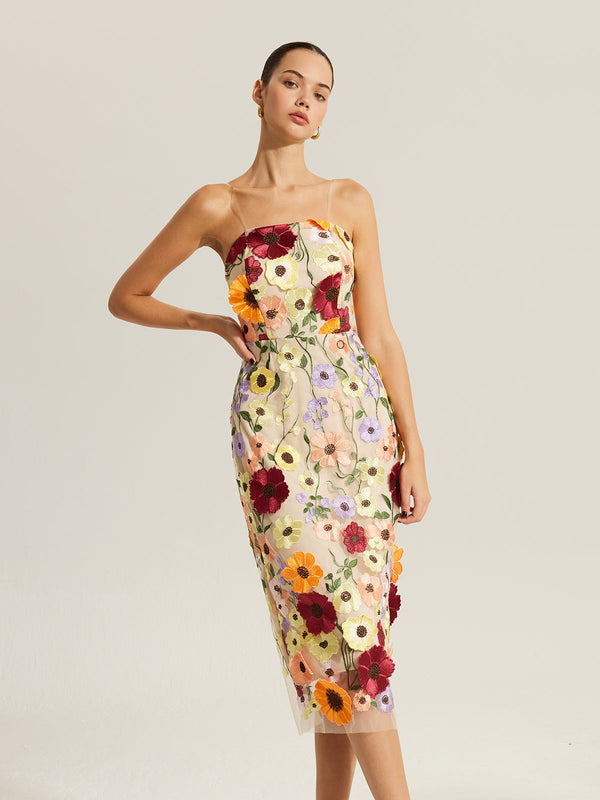 Semi-Sheer Embroidered Floral Dress With Clear Straps