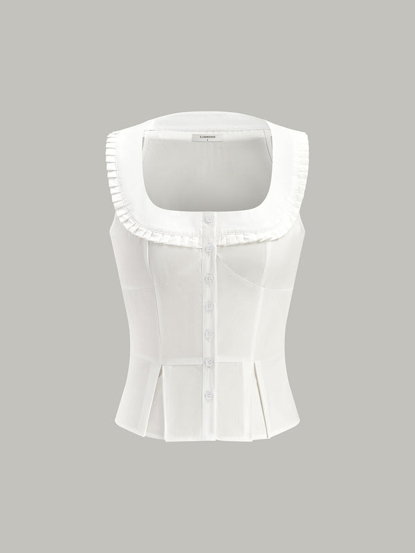 Pleated Square Neck Buttoned Top