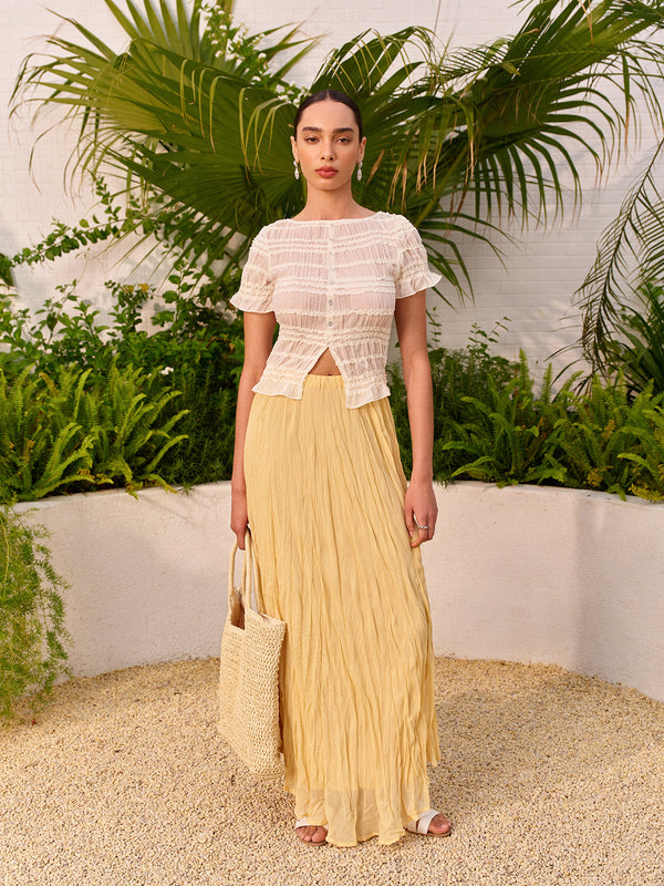 High-Waist Asymmetric Hem Crinkled Skirt