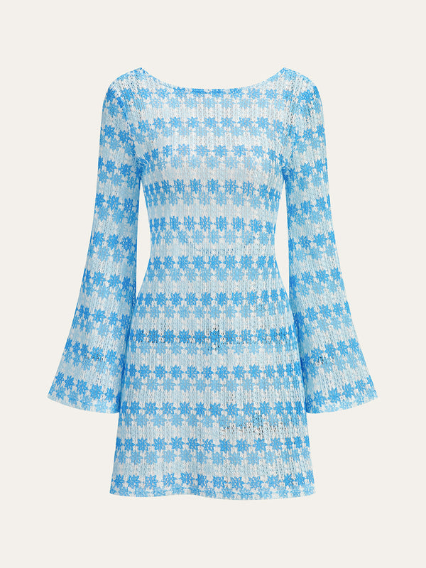 Semi-Sheer Backless Crochet Dress with Flared Sleeves