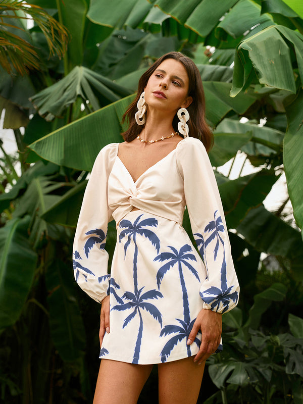 Long Sleeve Twist Front Print Dress