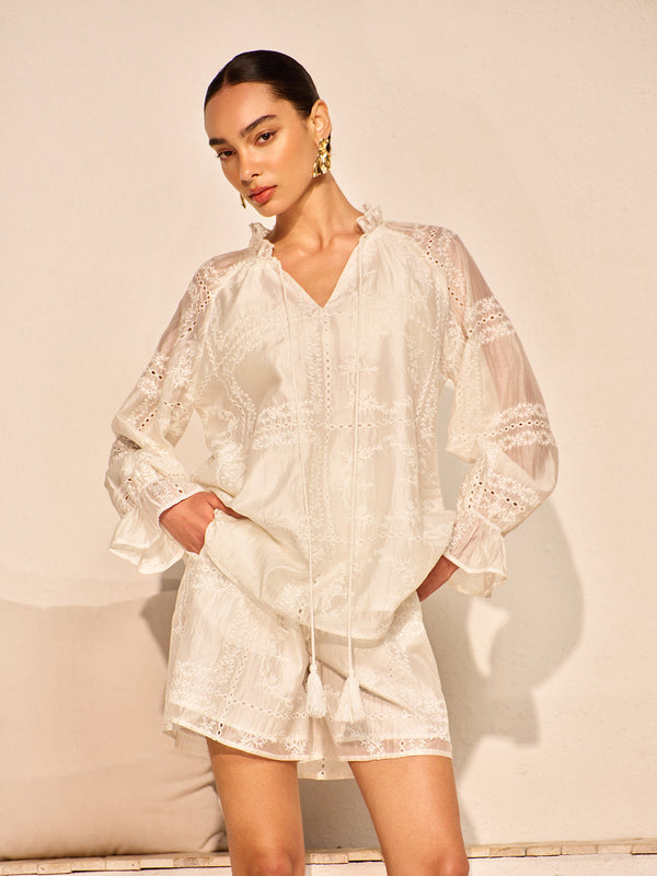 Embroidery Detail Long Sleeve Shorts Set