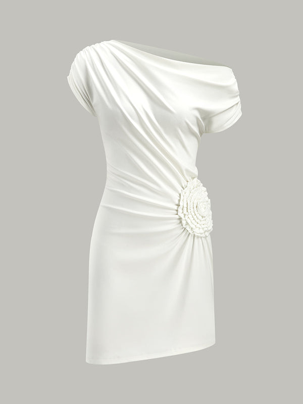 One-Shoulder Ruched Dress With Rosette Detail