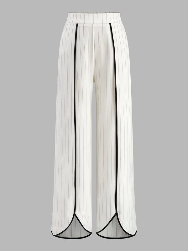 Pinstriped Contrast Trim Wide-Leg Pants