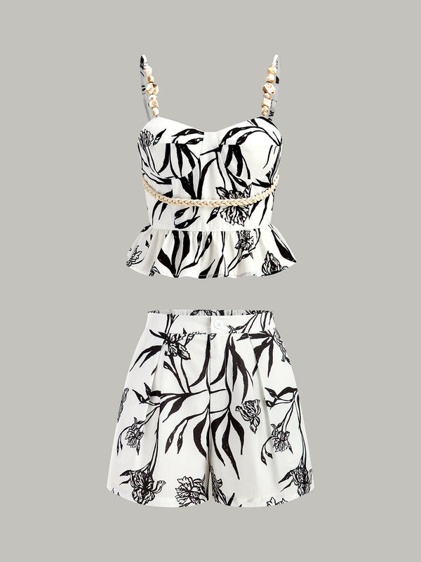 Floral Print Peplum Top With Shorts Set