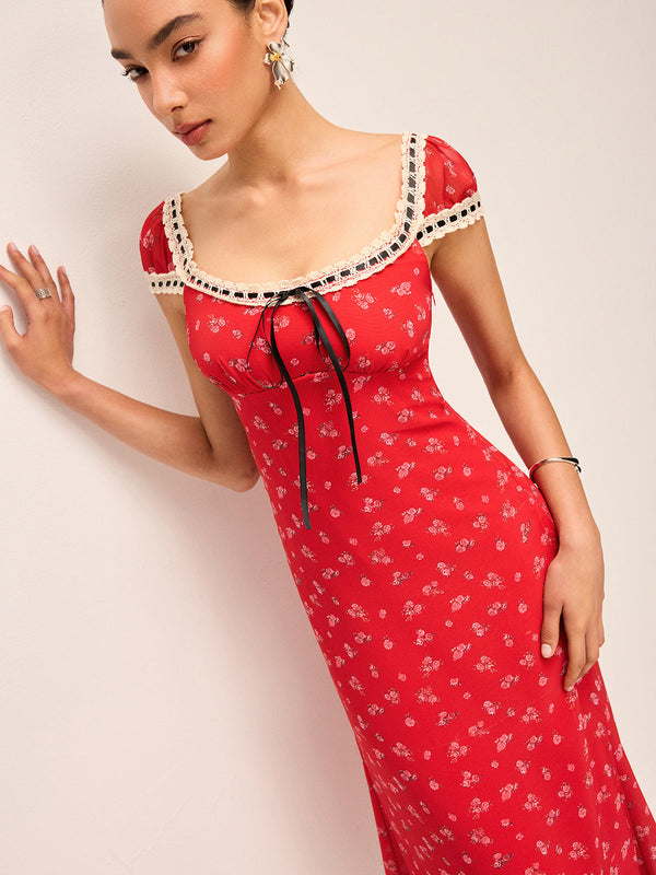 Floral Print Midi Dress with Lace Trim