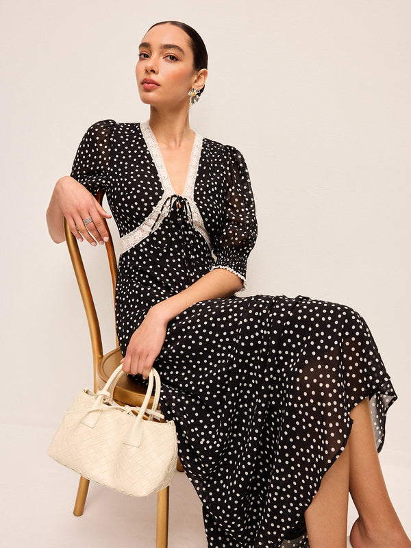 Semi-Sheer Polka Dot Chiffon Dress With Lace Trim