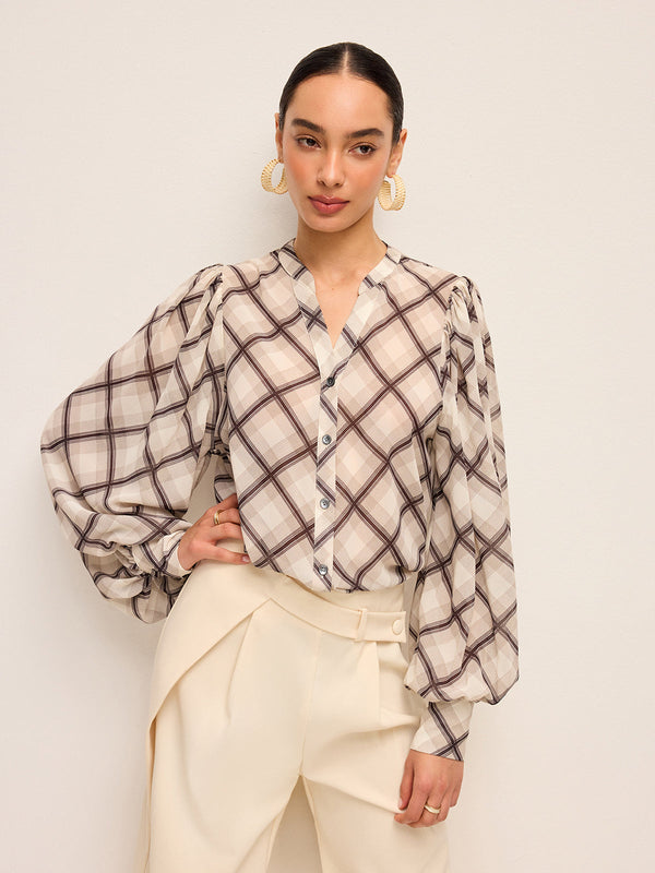 Long-Sleeve Plaid Chiffon Shirt With Neck-Tie Detail