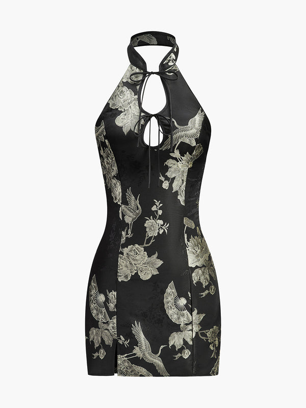 Floral Print Keyhole Detail Halter Dress
