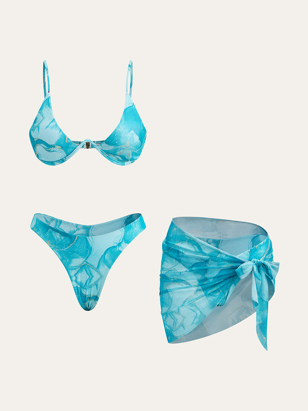 Marble Print Bikini Set With Cover-Up Skirt
