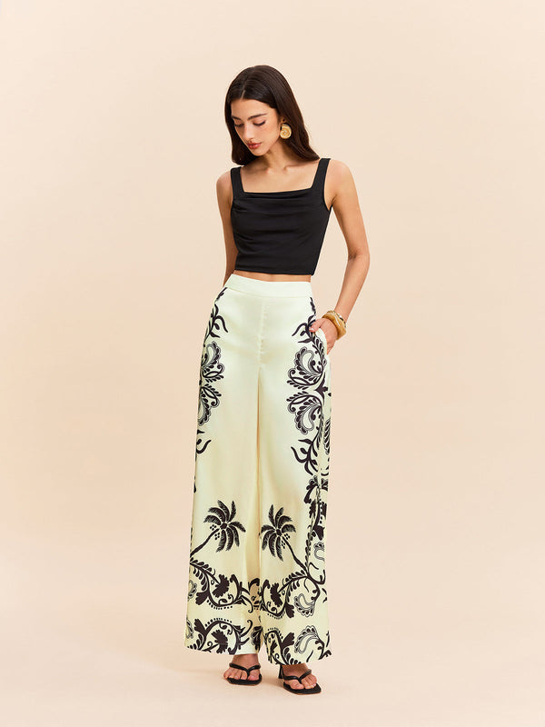 High-Waist Tropical Print Satin Pants