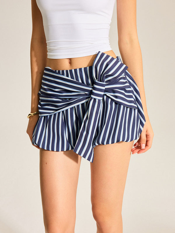Striped Bubble Shorts With Oversized Bow