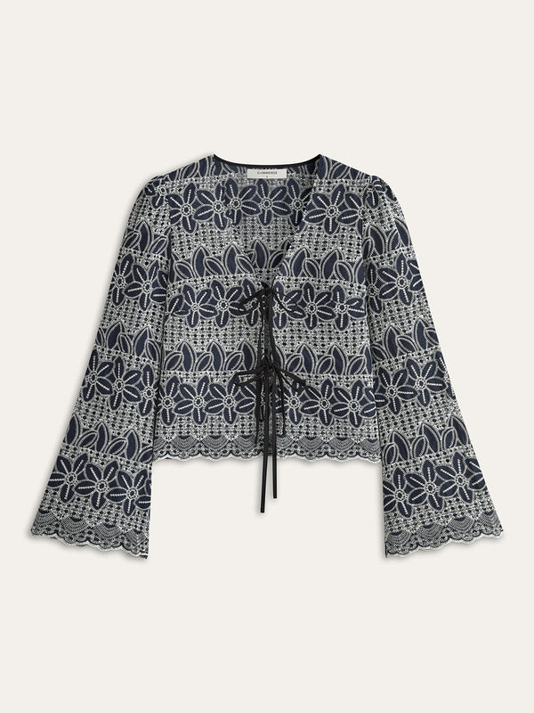 Embroidered Blouse with Tie-Front