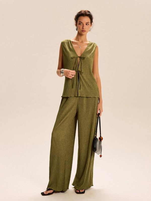 Sleeveless Tie-Front Top and Wide-Leg Pants Set