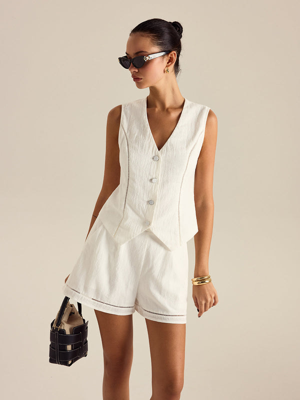 Cotton Button Detail Vest Top With Pockets Shorts Set