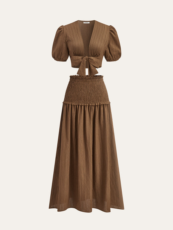 Puff-Sleeve Crop Top and Smocked-Waist Midi Skirt Set
