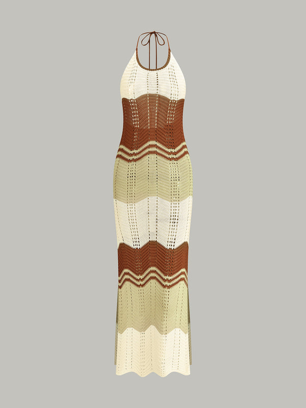 Semi-Sheer Contrast Stripe Crochet Halter Maxi Dress