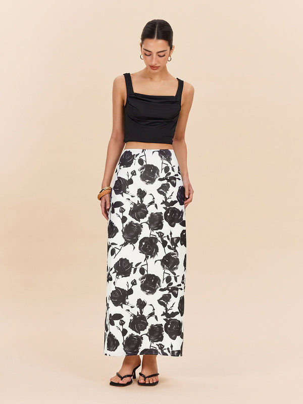 Floral Print Back Slit Skirt