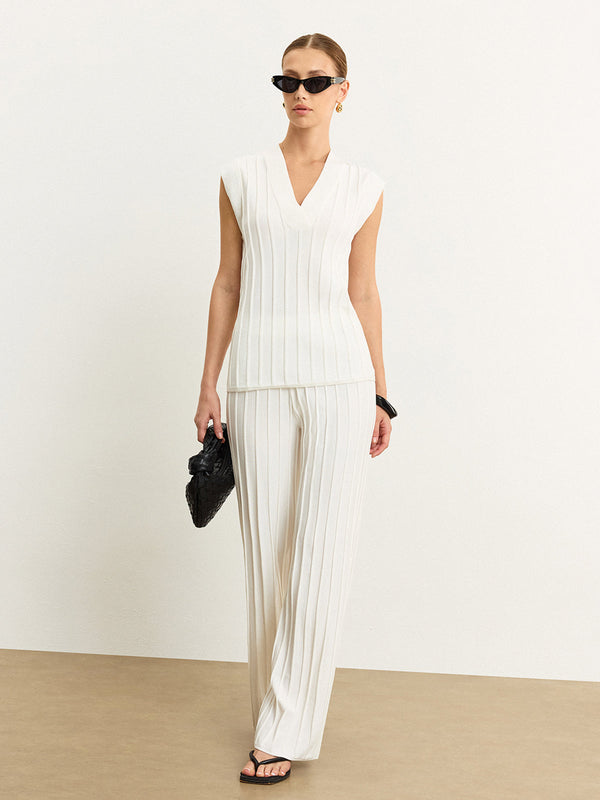 Ribbed Knit Mid-Rise Pants