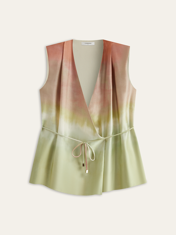 Sleeveless V-Neck Gradient Top With Tie-Waist Detail