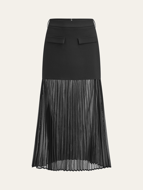 Pleated Mesh Hem Midi Skirt