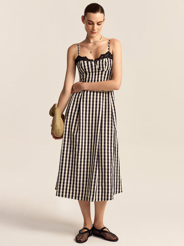 Gingham Spaghetti Strap Midi Dress with Lace Trim