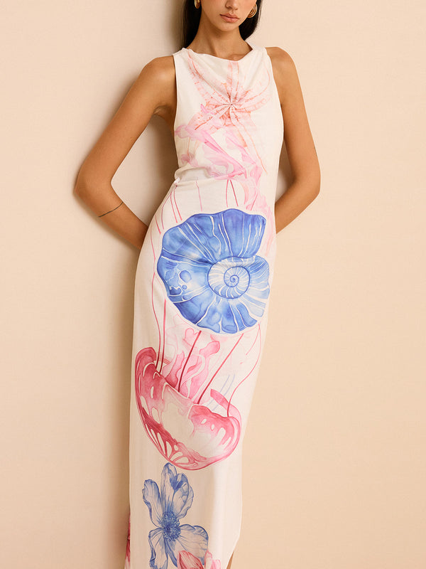 Semi-Sheer Ocean Print Maxi Dress with Slit