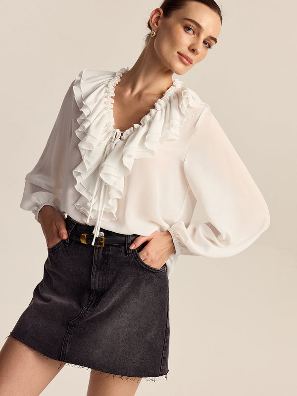 Ruffled V-Neck Chiffon Blouse