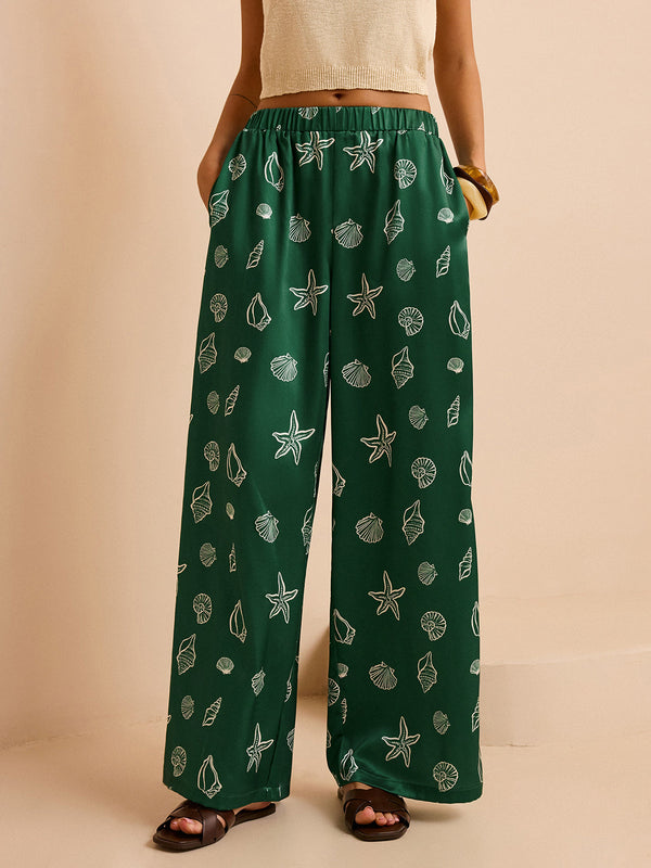 Oversized Mid-Waist Pants with Seashell and Starfish Prints