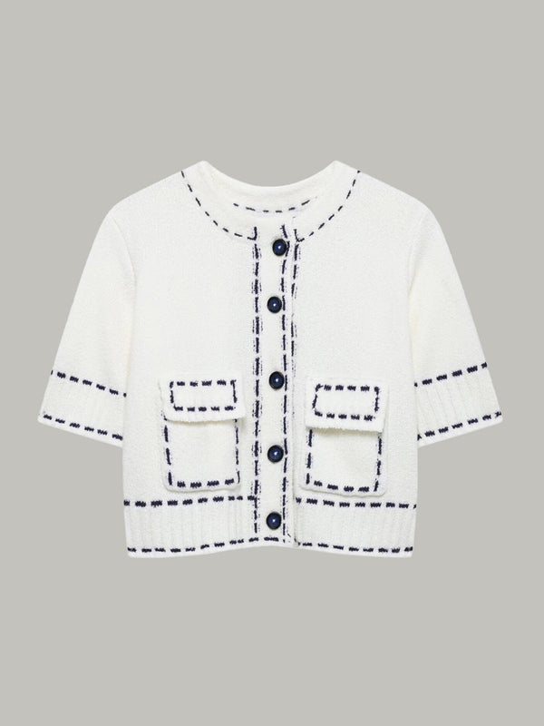 Short-Sleeved Cropped Cardigan with Contrast Stitching