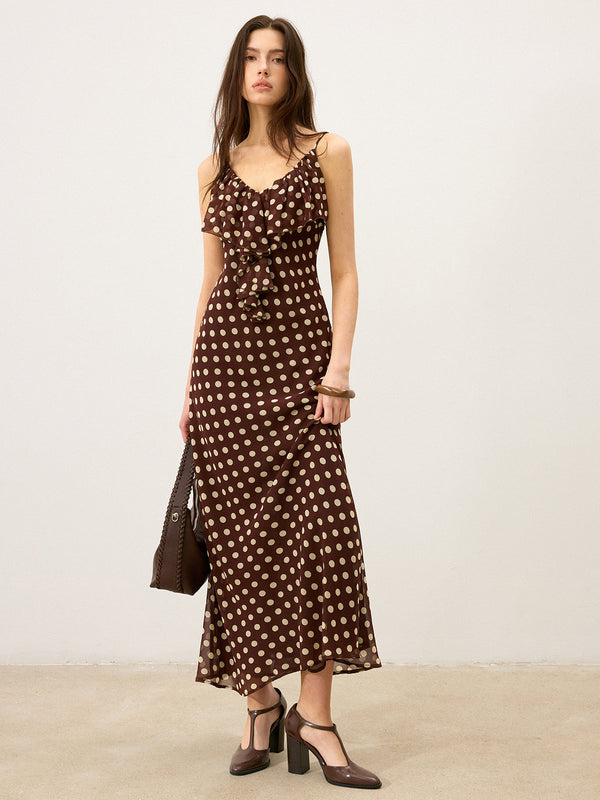 Semi-Sheer Polka Dot Ruffle Cami Maxi Dress