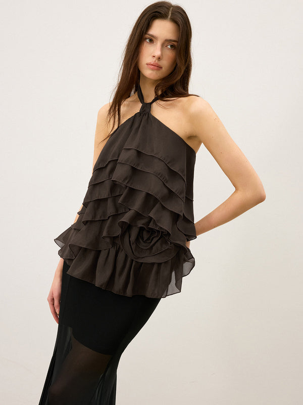 Tiered Ruffle Chiffon Halter Top with 3D Flower
