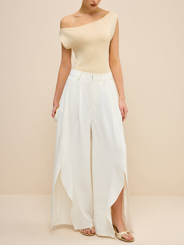 Mid-Waisted Wide-Leg Pants with Side Slits