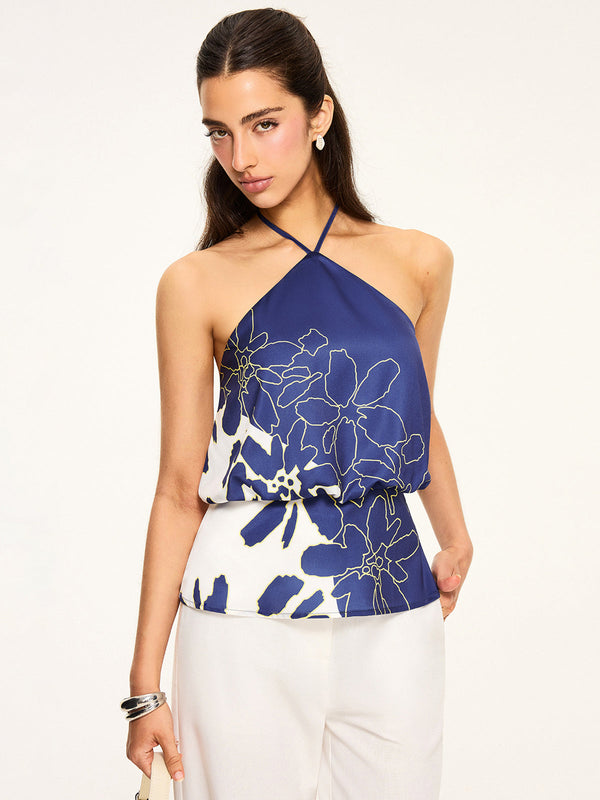 Floral Print Halter Backless Top