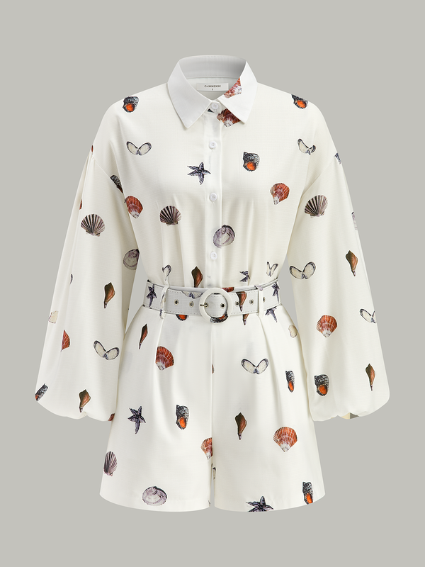 Belted Seashell Print Shorts Set