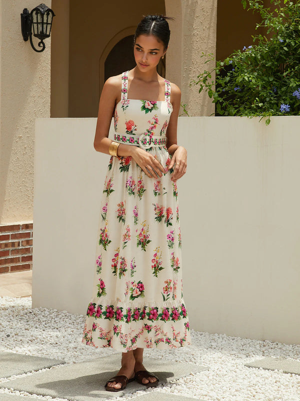 Floral Print Belted Midi Dress