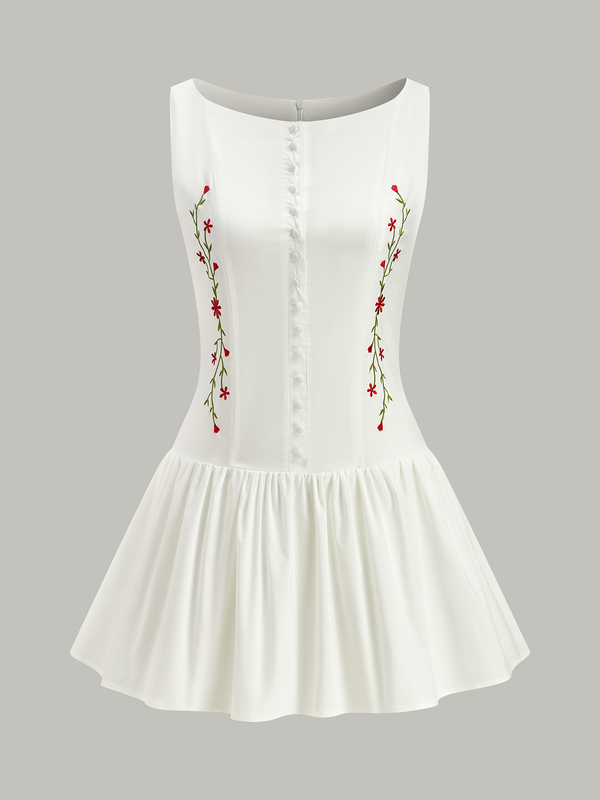 Embroidered Floral Mini Dress with Front Buttons