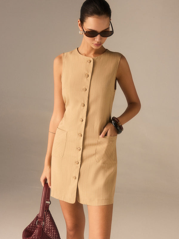 Cotton Blend Buttoned Dress with Pockets and Ties