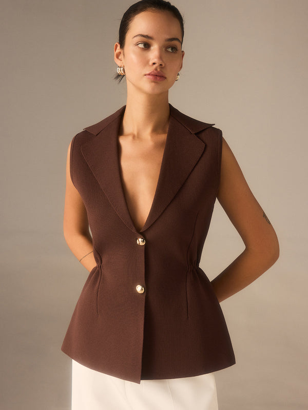 Metal Button Knitted Sleeveless Blazer Vest
