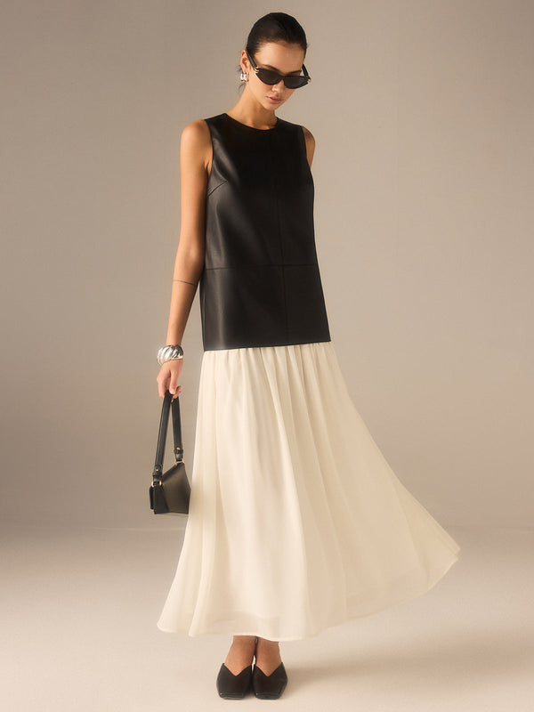 Two-Tone Faux Leather Chiffon Pleated Dress