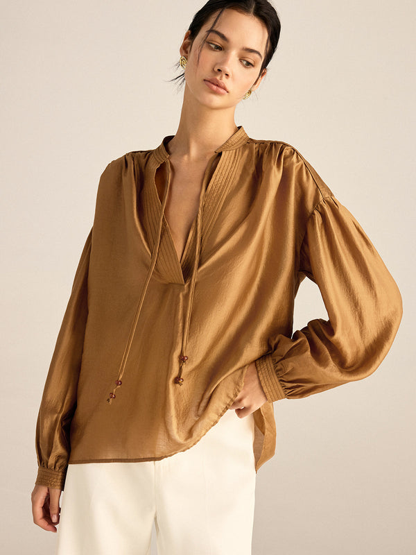 Oversized Tencel Tie Neck Blouse