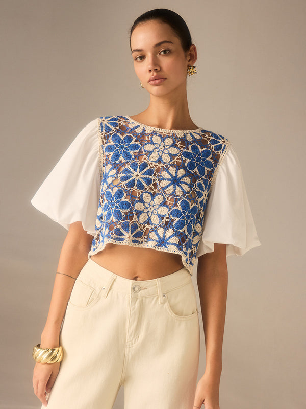 Crochet Floral Top with Puff Sleeves Panel