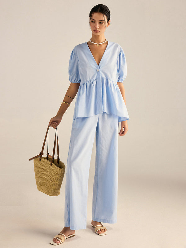 Cotton Peplum Top and Pants Set